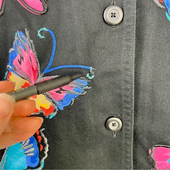 Easy Spirit 100% Cotton Black Button Up Breaded Butterfly Jacket Women’s Size L - Picture 13 of 14